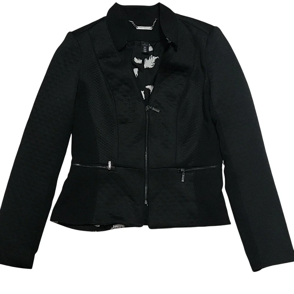 White House Black Market Black Quilted Peplum Zip‎ Up Blazer Jacket Size 6